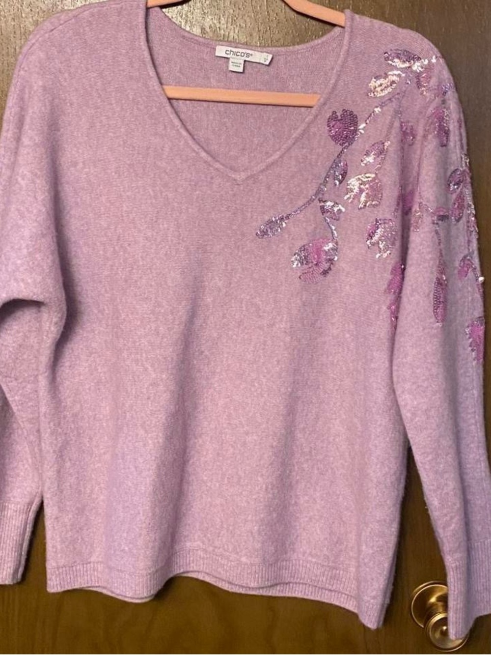 Chico's Light Purple V-Neck Sequin Floral Sweater